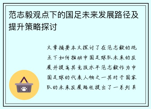 范志毅观点下的国足未来发展路径及提升策略探讨